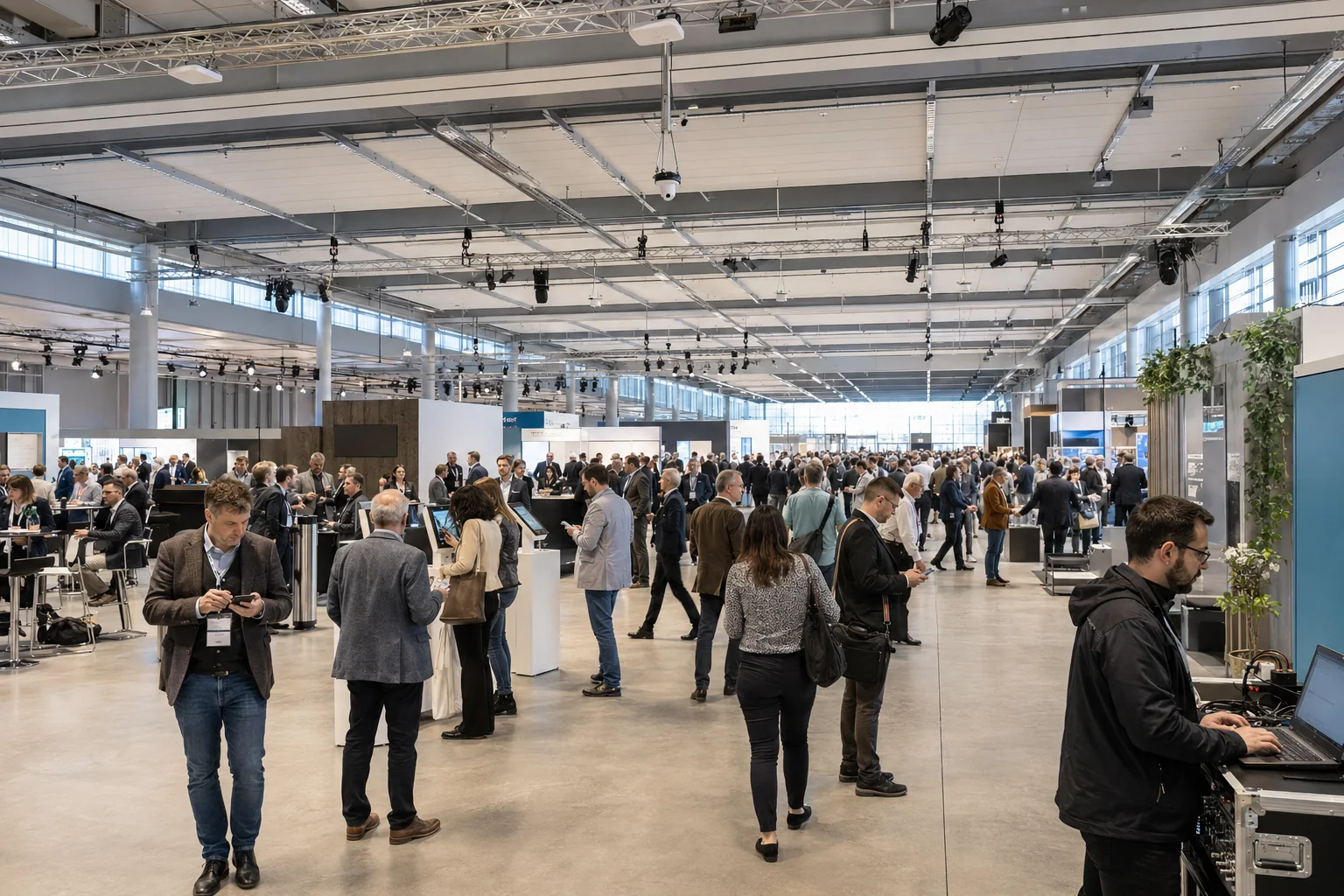 Messehalle mit zahlreichen Besuchern und mobilen Geräten
